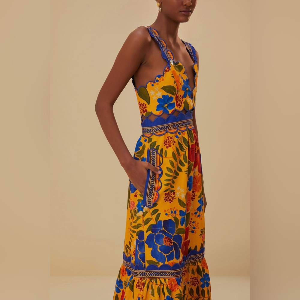 Farm Rio Floral Yard Linen-Blend Midi Dress - Picture 3 of 8